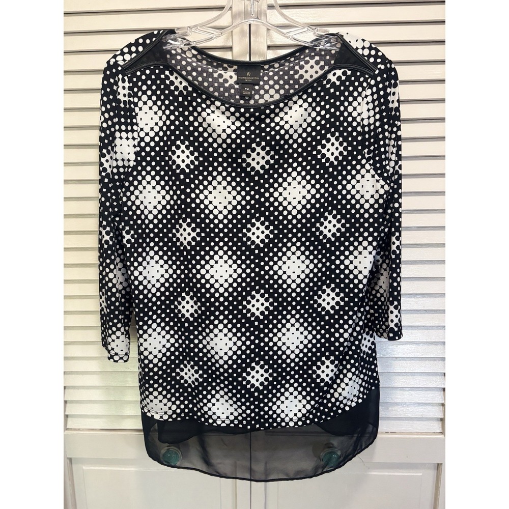 Worthington Geo Print 3/4 Casual Sleeve Chiffon Hem Blouse Size‎ PM Blk/White